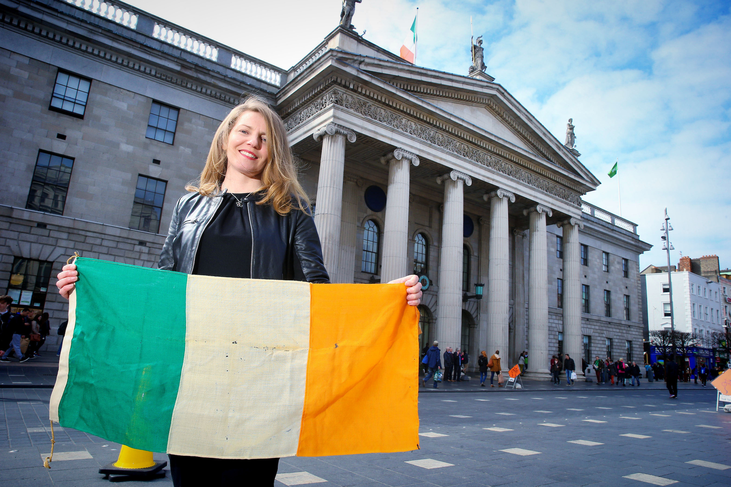 Dr Ciara Breathnach in front of the GPO at the Council's 2016 announcement of €144,000 in funding for 1916-themed projects