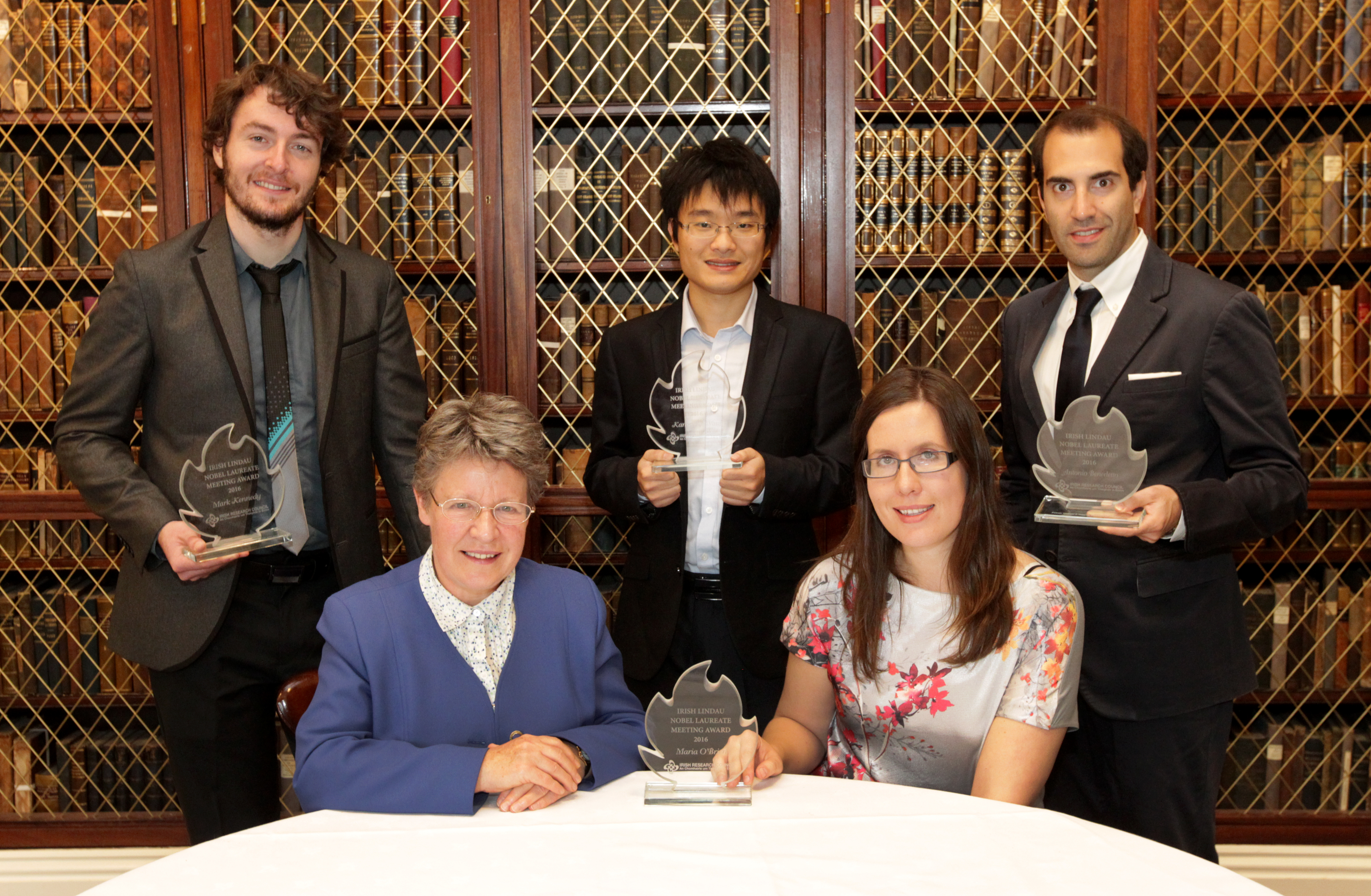 2016 Lindau Nobel Laureate Meeting awardees Mark Kennedy, Kangpeng Wang, Maria O'Brien and Antonio Benedetto at a special reception attended by Professor Dame Jocelyn Bell Burnell to honour their success