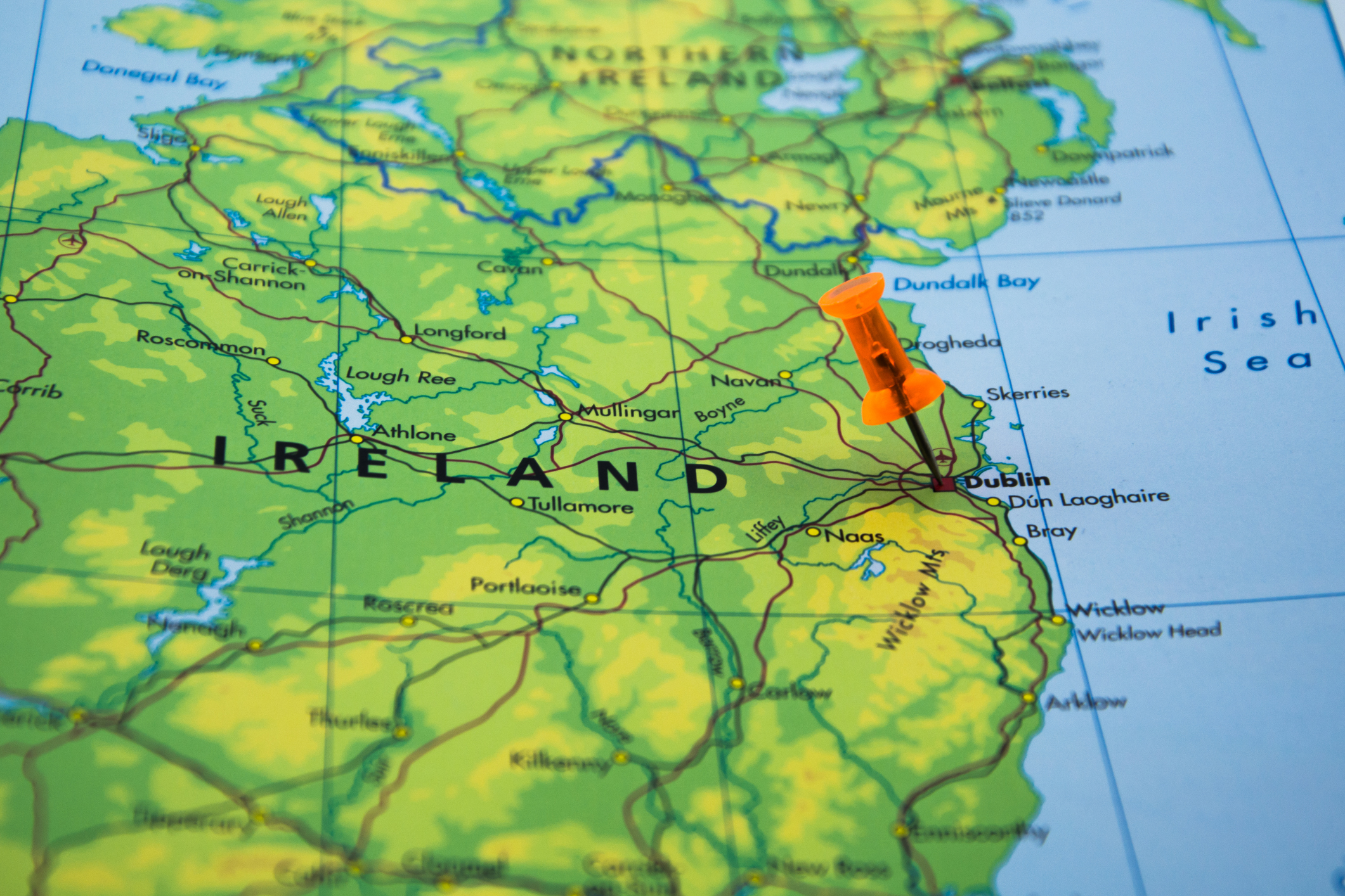Destinations Ireland. Dublin on the map shown by pin