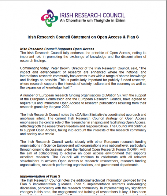 Irish Research Council Statement on Open Access & Plan S