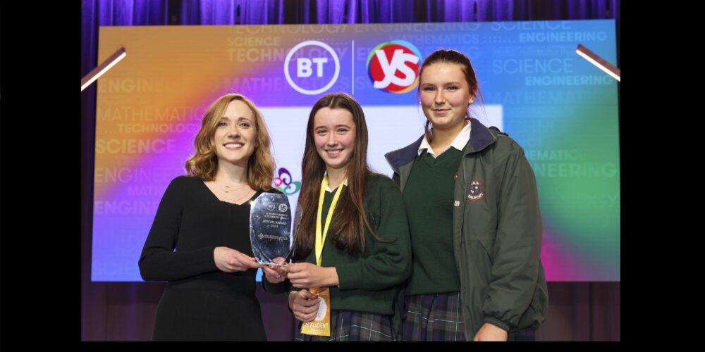 IRC Director Dr Louise Callinan presents Ava Clare and Sophie Brennan with the IRC Special Award at the BT Young Scientist and Technology Exhibition