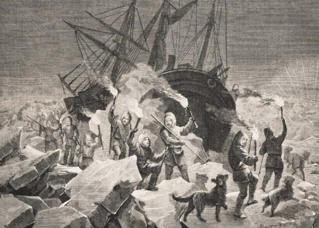 Polar explorers leaving a shipwreck