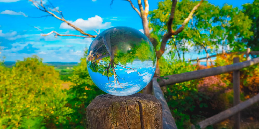 Image of nature landscape with glass sphere inverting image, title called new perspective