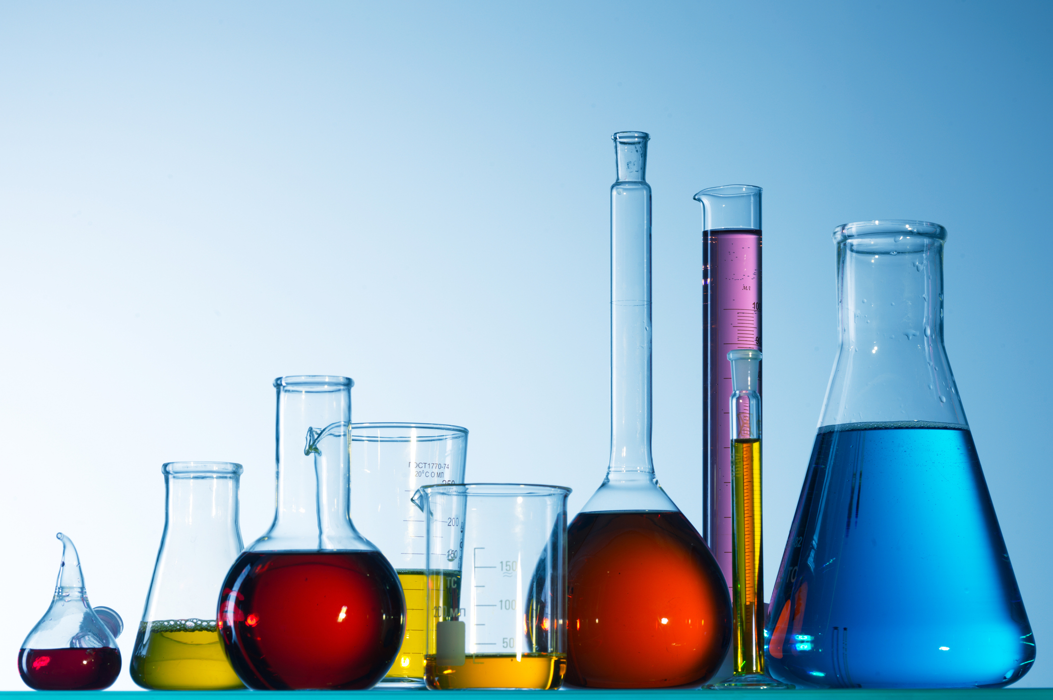 Photo of different bottles and containers for a chemistry lab